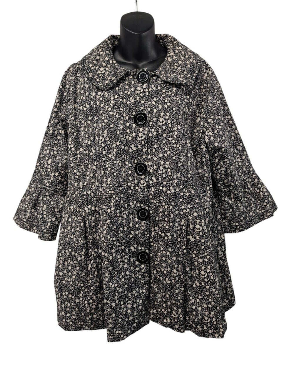 Keren Hart Floral Print Peter Pan Collar Jacket Bell Sleeves Black White Size XL